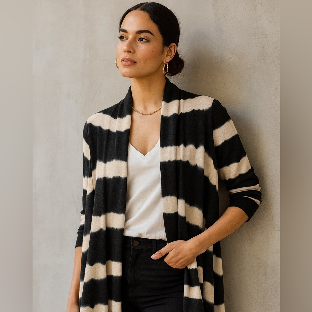 Karen Millen Black and Cream Tie Dyed Striped Cotton Cardigan Sweater Wrap